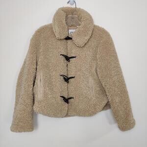 Zara Teddy Sherpa Toggle Jacket Beige Faux Shearling Coat Womens Medium